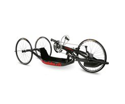 A black and red tricycle on a white background.