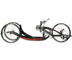 A black and orange tricycle on a white background.