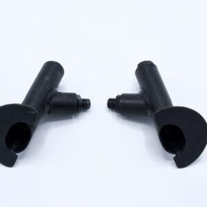 Two black plastic pipe fittings on a white background.