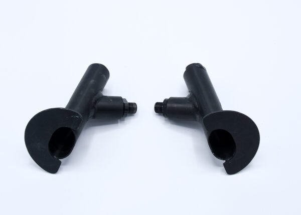 Two black plastic pipe fittings on a white background.