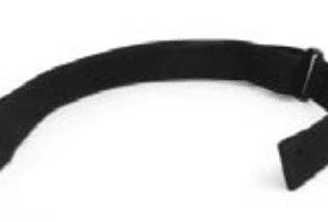 A black H-Seat strap with a buckle on a white background.