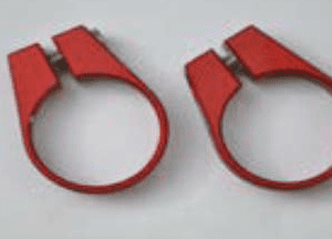 Two H Clamps on a white surface in a red color.