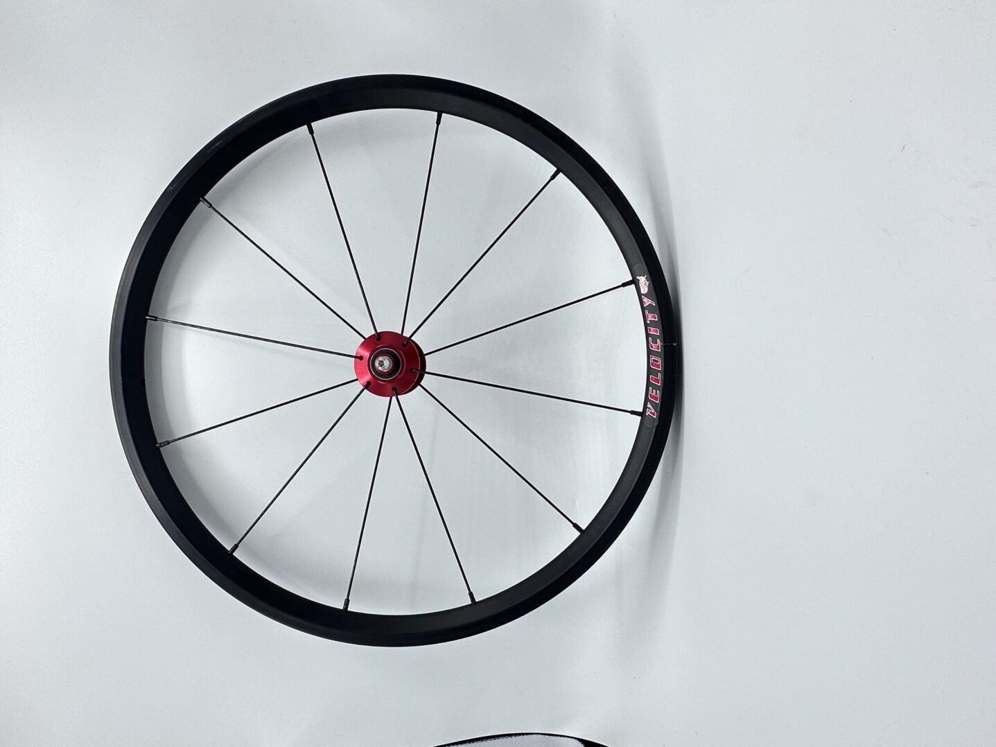 A RW-Carbonbike 20" racing chair wheel with a red spoke and a black spoke.